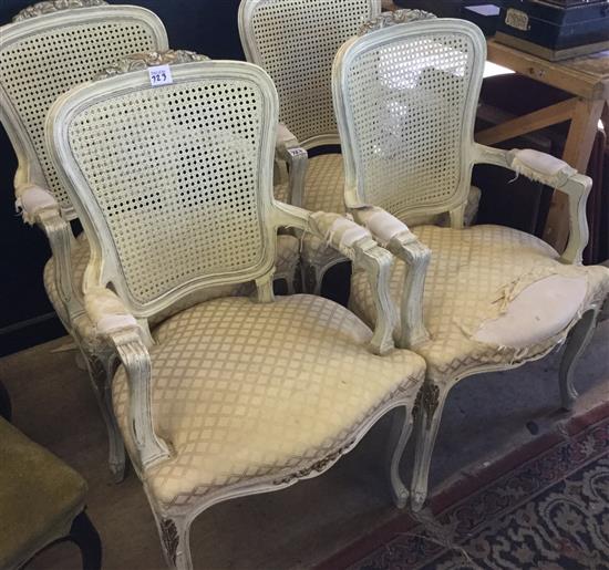 Set of four Louis XV style painted & parcel-gilded caned fauteuils